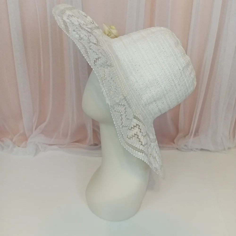 Vintage 80s Womens White and Yellow Wide Brim Sun Hat Summer Travel - Picture 5 of 9